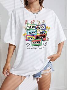 SHEIN EZwear Audiotape And Letter Graphic Drop Shoulder Tee - White - View 6