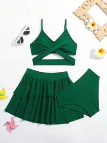 Bộ Bikini Tween Girl Criss Cross Với Váy Đi Biển Bãi Biển Mùa Hè - xanh quân đội - Xem 1