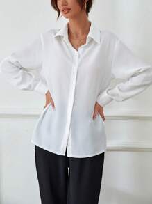 RosyDaze Solid Button Front Shirt,Long Sleeve Tops