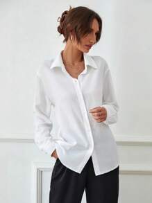 RosyDaze Solid Button Front Shirt,Long Sleeve Tops