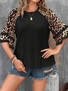 SHEIN LUNE 大碼豹紋印花喇叭袖T恤 - 黑色 - 查看 4