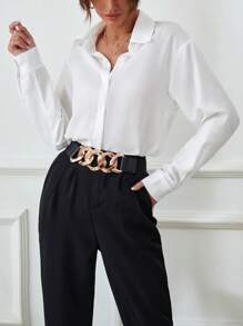 RosyDaze Solid Button Front Shirt,Long Sleeve Tops