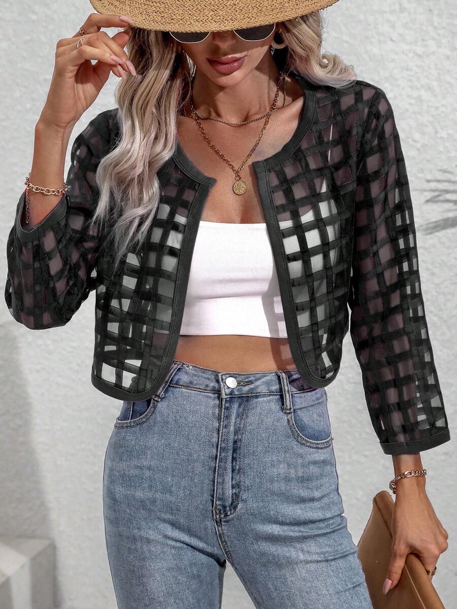 SHEIN Privé Xu hướng: Cắt giảm Mở Mặt trước Áo Jacket Crop - màu đen - Xem 1