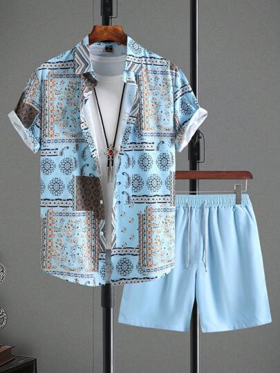 Manfinity RSRT Uomo stampa patchwork Camicia & con coulisse a vita Shorts senza maglietta