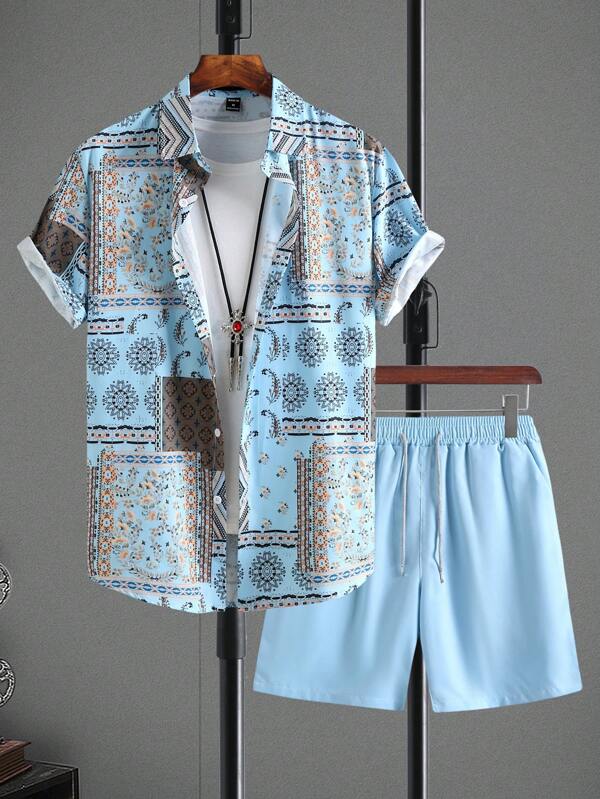 Manfinity RSRT Cămașă cu imprimeu mozaic pentru bărbați și pantaloni scurți cu șnur fără tricou