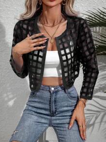 SHEIN Privé Xu hướng: Cắt giảm Mở Mặt trước Áo Jacket Crop - màu đen - Xem 3