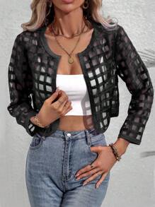 SHEIN Privé Xu hướng: Cắt giảm Mở Mặt trước Áo Jacket Crop - màu đen - Xem 4