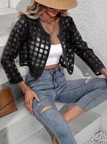SHEIN Privé Xu hướng: Cắt giảm Mở Mặt trước Áo Jacket Crop - màu đen - Xem 6