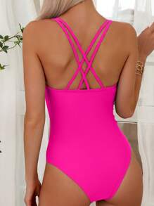 Swim Basics Summer Beach Plain One Piece Swimsuit - Hot Pink - View 2