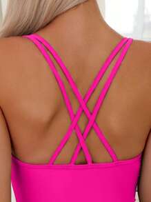 Swim Basics Summer Beach Plain One Piece Swimsuit - Hot Pink - View 4