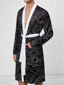 Nam Viền tương phản In Toàn bộ ÁO choàng mặc nhà - màu đen - Xem 4