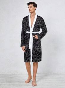 Nam Viền tương phản In Toàn bộ ÁO choàng mặc nhà - màu đen - Xem 3