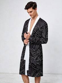 Nam Viền tương phản In Toàn bộ ÁO choàng mặc nhà - màu đen - Xem 1