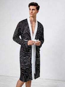 Nam Viền tương phản In Toàn bộ ÁO choàng mặc nhà - màu đen - Xem 5