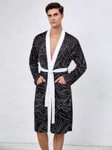 Nam Viền tương phản In Toàn bộ ÁO choàng mặc nhà - màu đen - Xem 6