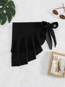 SHEIN Swim 荷葉邊側打結沙灘纏腰式半身裙 - 黑色 - 查看 3