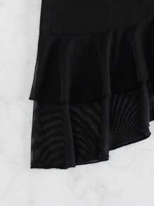 SHEIN Swim 荷葉邊側打結沙灘纏腰式半身裙 - 黑色 - 查看 5
