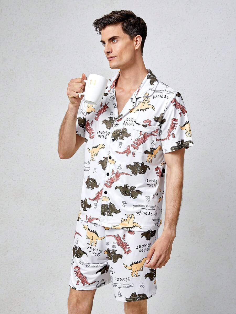Men Dinosaur Print PJ Set - Multicolor - View 1