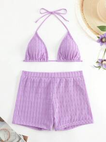 SHEIN Swim Summer Beach Plain Halter Triangle Bikini Set - Purple - View 6