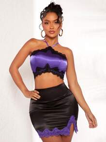 SHEIN SXY Lace Trim Satin Halter Top & Split Hem Bodycon Skirt