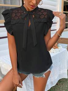 Lace Insert Ruffle Trim Tie Neck Blouse - White - View 4
