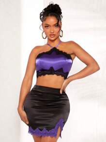 SHEIN SXY Lace Trim Satin Halter Top & Split Hem Bodycon Skirt