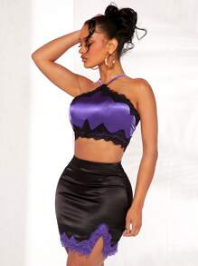 SHEIN SXY Lace Trim Satin Halter Top & Split Hem Bodycon Skirt