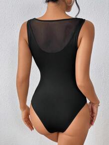 SHEIN Essnce Women Mesh Contrast Slim Fit Bodysuit - Black - View 2