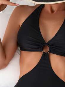 Swim Basics Summer Beach Ring Linked Halter One Piece Swimsuit - Black - View 3