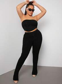 SHEIN SXY 大碼紋理質感抹胸上衣和褲子 - 黑色 - 查看 1