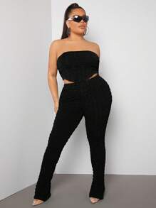 SHEIN SXY 大碼紋理質感抹胸上衣和褲子 - 黑色 - 查看 3