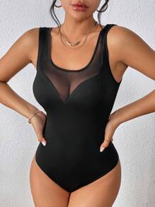 SHEIN Essnce Women Mesh Contrast Slim Fit Bodysuit - Black - View 4
