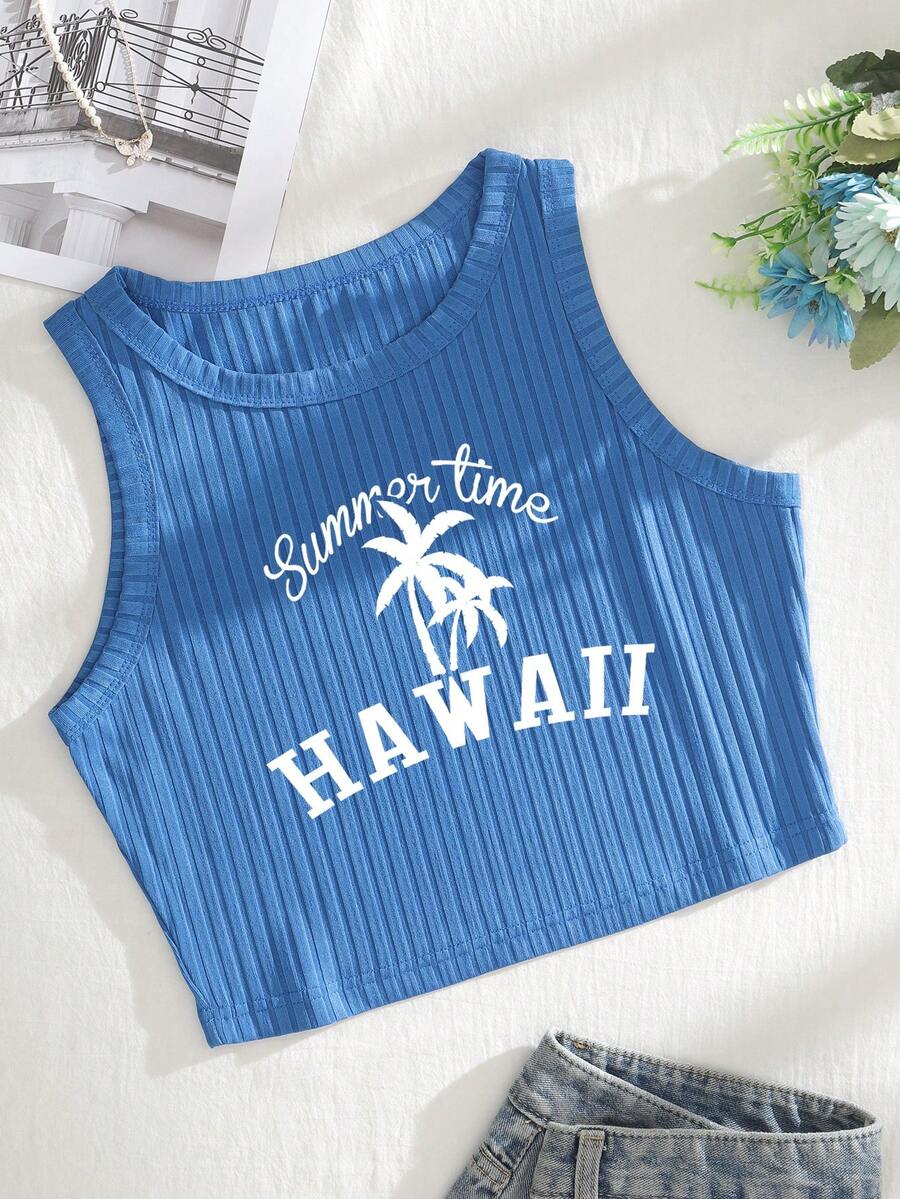 SHEIN EZwear Plus Coconut Tree & Slogan Graphic Tank Top - Blue - View 1