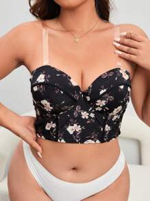 Plus Floral Print Underwire Bra - Black - View 1