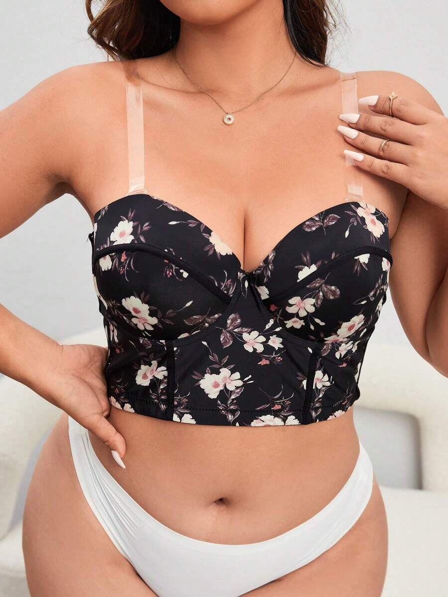 Plus Floral Print Underwire Bra - Black - View 1