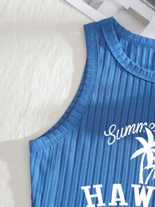 SHEIN EZwear Plus Coconut Tree & Slogan Graphic Tank Top - Blue - View 3