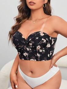 Plus Floral Print Underwire Bra - Black - View 5