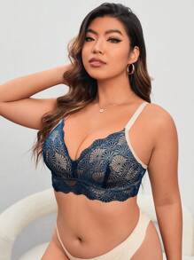 大尺碼女士蕾絲無線胸罩 - 水鴨藍 - 查看 3