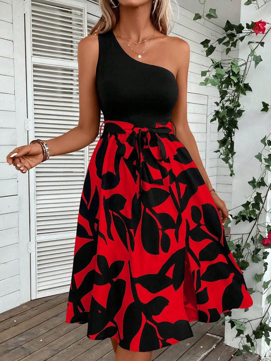 SHEIN LUNE Plants Print One Shoulder Belted Dress - Red - View 1
