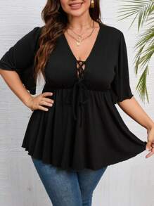 INAWLY Hơn Lace lên phía trước Xoay eo Áo thun - màu đen - Xem 1