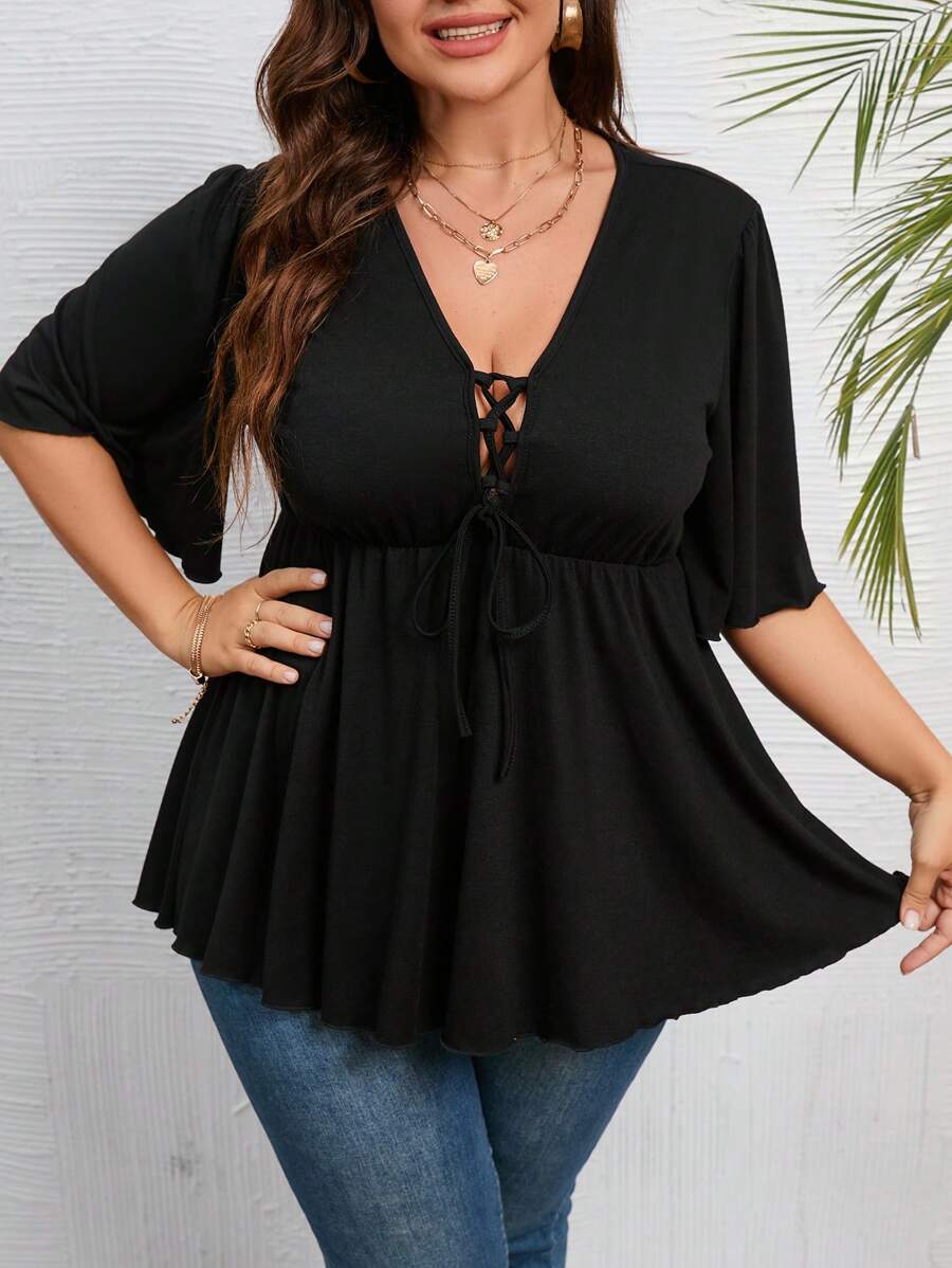 INAWLY Hơn Lace lên phía trước Xoay eo Áo thun - màu đen - Xem 1