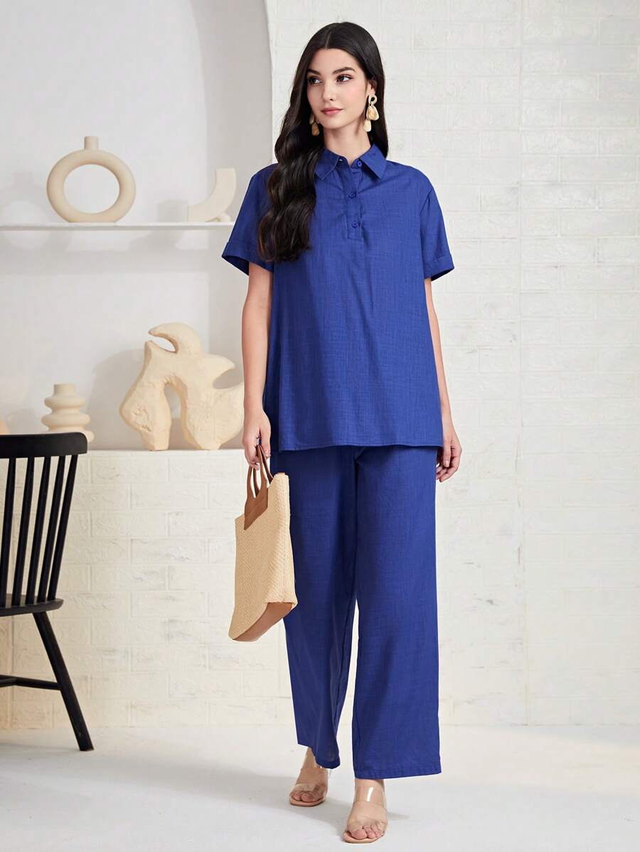 Mulvari unicolor con botón Top & Pantalones de pierna ancha - Azul - Ver 1