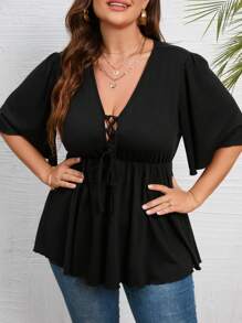 INAWLY Hơn Lace lên phía trước Xoay eo Áo thun - màu đen - Xem 3