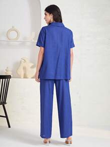 Mulvari unicolor con botón Top & Pantalones de pierna ancha - Azul - Ver 2