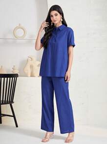 Mulvari unicolor con botón Top & Pantalones de pierna ancha - Azul - Ver 3