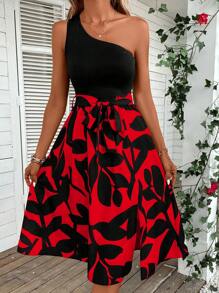 SHEIN LUNE Plants Print One Shoulder Belted Dress - Red - View 6