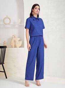 Mulvari unicolor con botón Top & Pantalones de pierna ancha - Azul - Ver 4