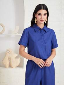 Mulvari unicolor con botón Top & Pantalones de pierna ancha - Azul - Ver 5