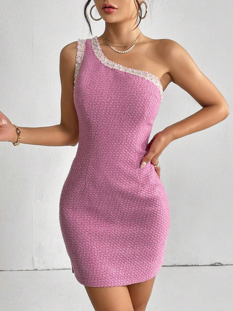 SHEIN Privé Contrast Trim One Shoulder Bodycon Dress - Pink - View 1