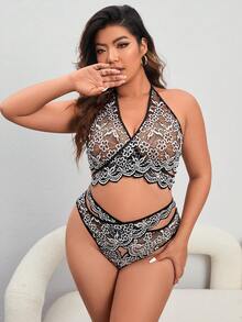 Hơn Ren hoa Cắt vỏ sò Bộ đồ lót - Đen và trắng - Xem 3